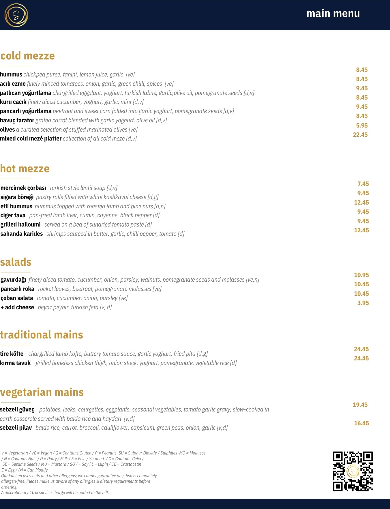 Shish Edinburgh main menu, cold and hot mezze, salads and traditional mains